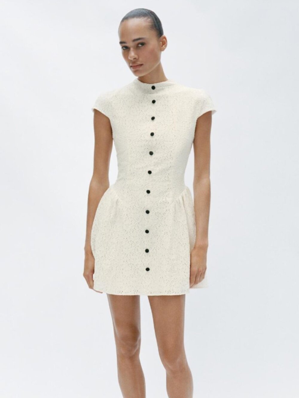 Zara Contrast Button Lace Mock Neck Mini Dress | XS | Cream NWT Missing 1 button
